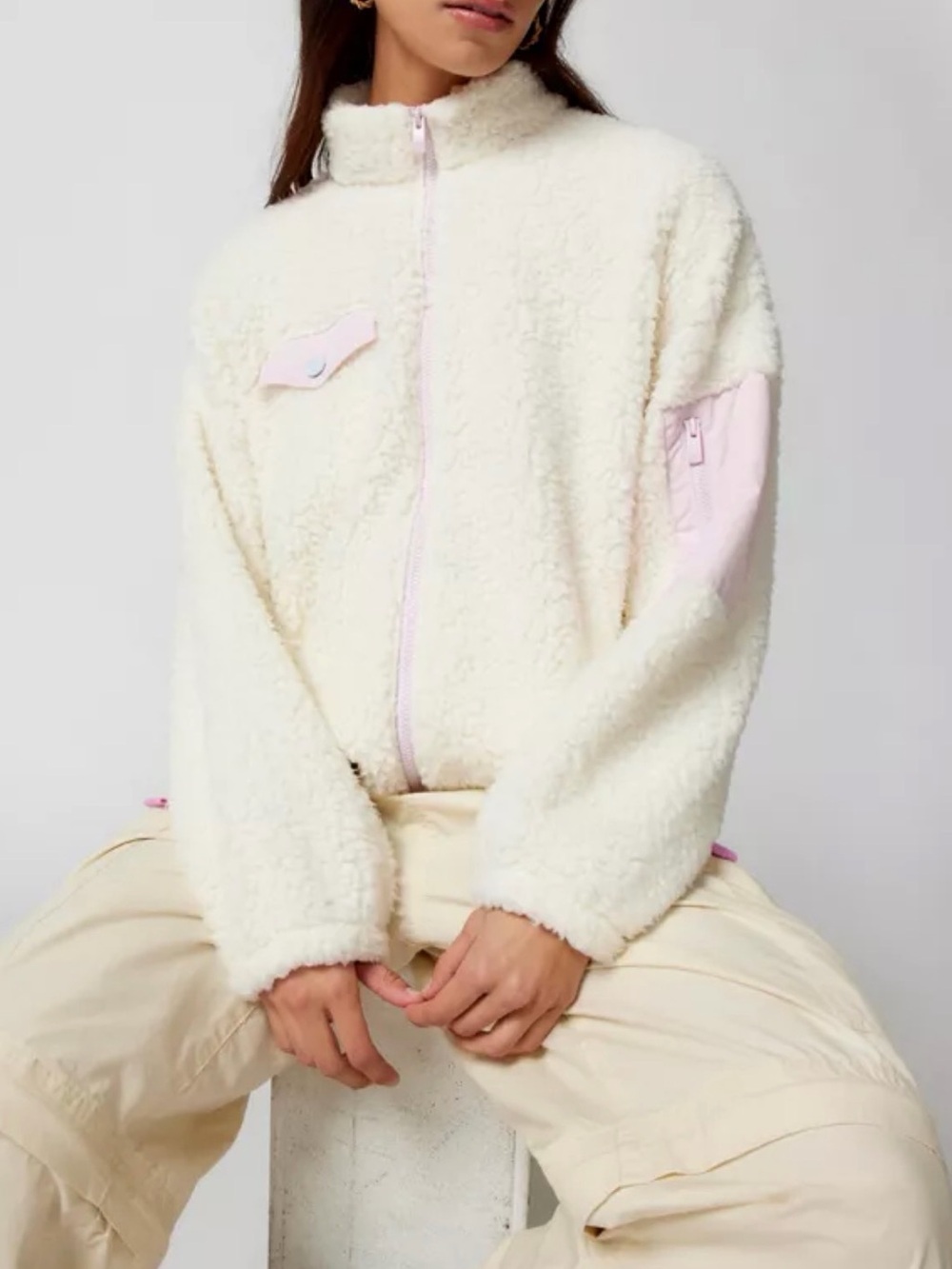 Roxy Cream Teddy Sherpa Jacket with Light Pink Trim